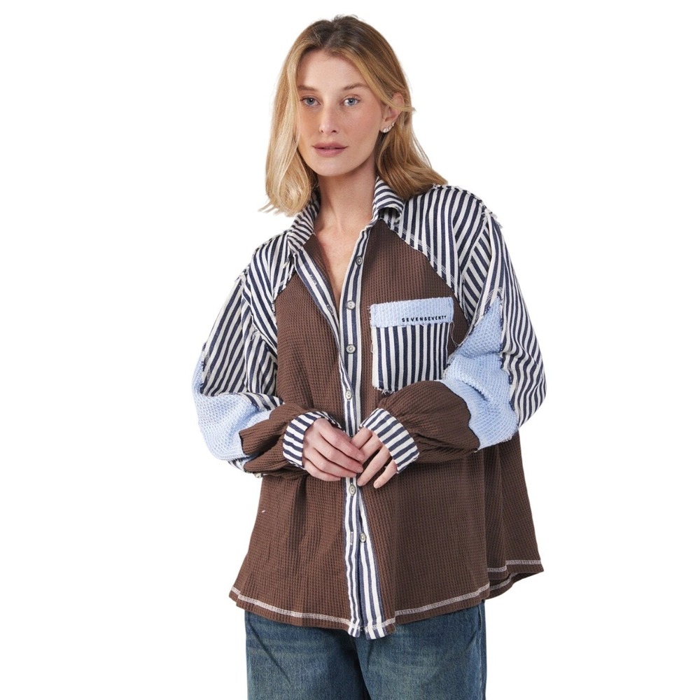 POL NWT Striped Waffle Knit Patchwork Button‎ Up … - image 2